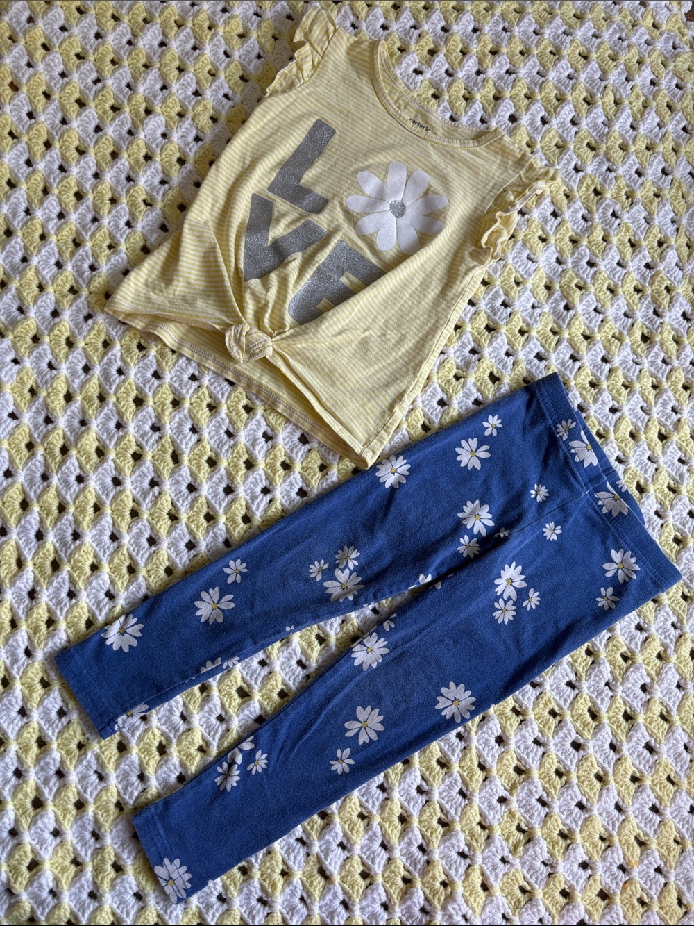 Carter's Love Daisy Yellow Striped Tank Blue Leggings Girls Matching Set Size 5T